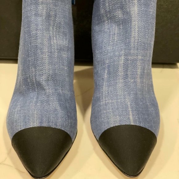 CHANEL 20C Denim Fabric Leather Chain CC Ankle Booties Boots Heels - Picture 3 of 10